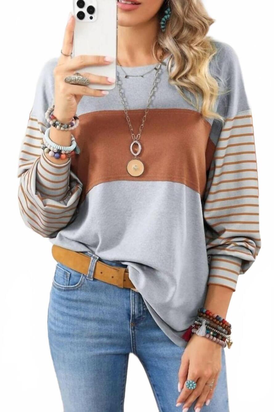 NEW 1 THE WOMAN colorblock striped bishop sleeve top in grey/brown